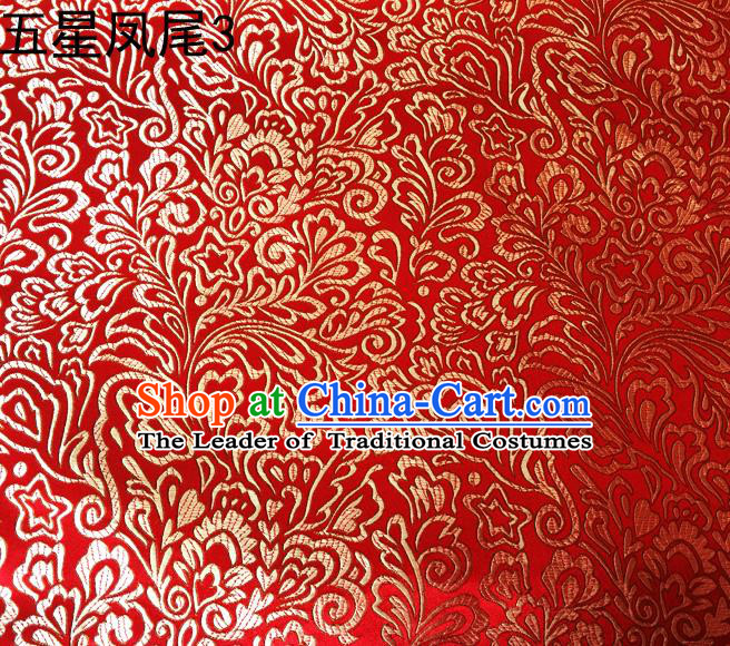 Asian Chinese Traditional Handmade Embroidery Golden Five-star Ombre Flowers Satin Red Silk Fabric, Top Grade Nanjing Brocade Tang Suit Hanfu Fabric Cheongsam Cloth Material