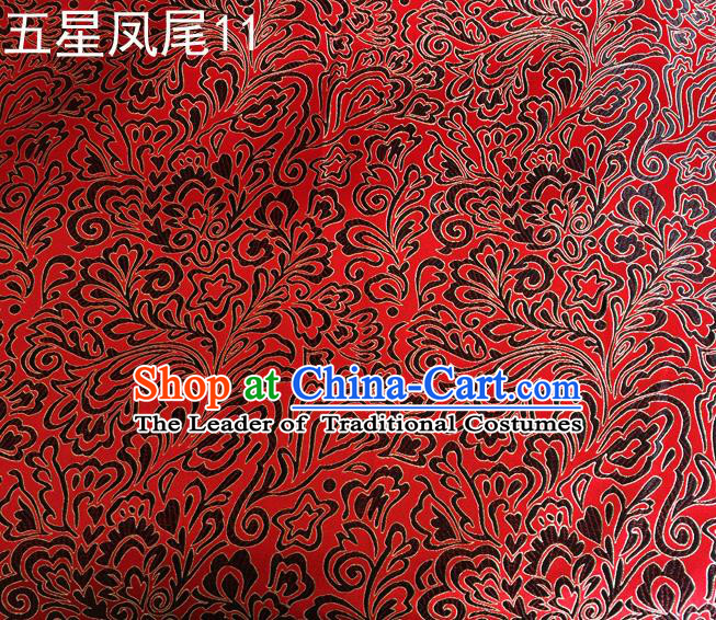 Asian Chinese Traditional Handmade Embroidery Black Five-star Ombre Flowers Satin Red Silk Fabric, Top Grade Nanjing Brocade Tang Suit Hanfu Fabric Cheongsam Cloth Material