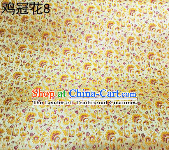 Asian Chinese Traditional Handmade Embroidery Cockscomb Flowers Satin Thangka Yellow Silk Fabric, Top Grade Nanjing Brocade Tang Suit Hanfu Fabric Cheongsam Cloth Material