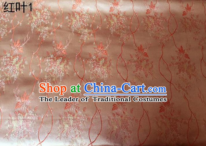 Asian Chinese Traditional Handmade Embroidery Maple Leaf Satin Wedding Silk Fabric, Top Grade Nanjing Brocade Tang Suit Hanfu Fabric Cheongsam Pink Cloth Material