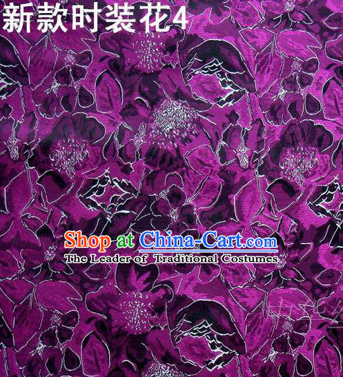 Traditional Asian Chinese Handmade Printing Flowers Satin Purple Silk Fabric, Top Grade Nanjing Brocade Tang Suit Hanfu Clothing Fabric Cheongsam Cloth Material