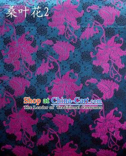 Traditional Asian Chinese Handmade Embroidery Mulberry Leaf Flowers Satin Navy Silk Fabric, Top Grade Nanjing Brocade Tang Suit Hanfu Clothing Fabric Cheongsam Cloth Material