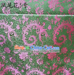 Traditional Asian Chinese Handmade Embroidery Pink Ombre Peony Flowers Satin Green Silk Fabric, Top Grade Nanjing Brocade Tang Suit Hanfu Clothing Fabric Cheongsam Cloth Material