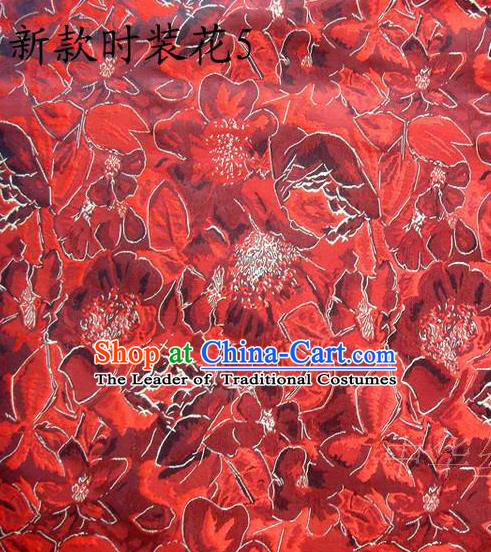 Traditional Asian Chinese Handmade Printing Flowers Satin Red Silk Fabric, Top Grade Nanjing Brocade Tang Suit Hanfu Clothing Fabric Cheongsam Cloth Material