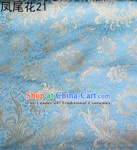 Traditional Asian Chinese Handmade Embroidery Golden Ombre Peony Flowers Satin Blue Silk Fabric, Top Grade Nanjing Brocade Tang Suit Hanfu Clothing Fabric Cheongsam Cloth Material