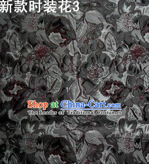 Traditional Asian Chinese Handmade Printing Flowers Satin Black Silk Fabric, Top Grade Nanjing Brocade Tang Suit Hanfu Clothing Fabric Cheongsam Cloth Material
