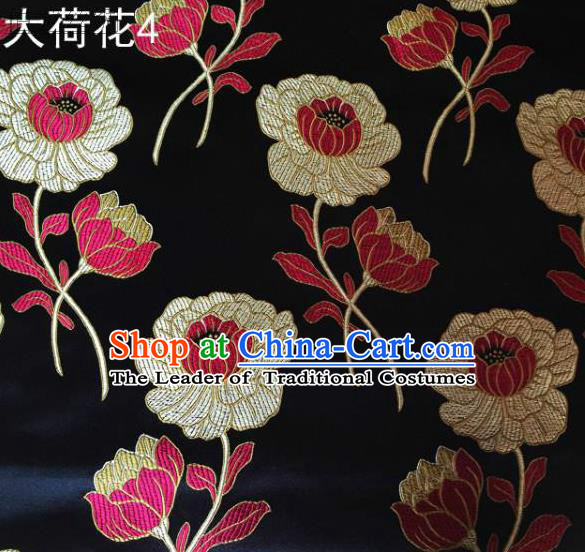 Traditional Asian Chinese Handmade Embroidery Lotus Satin Black Silk Fabric, Top Grade Nanjing Brocade Tang Suit Hanfu Clothing Fabric Cheongsam Cloth Material