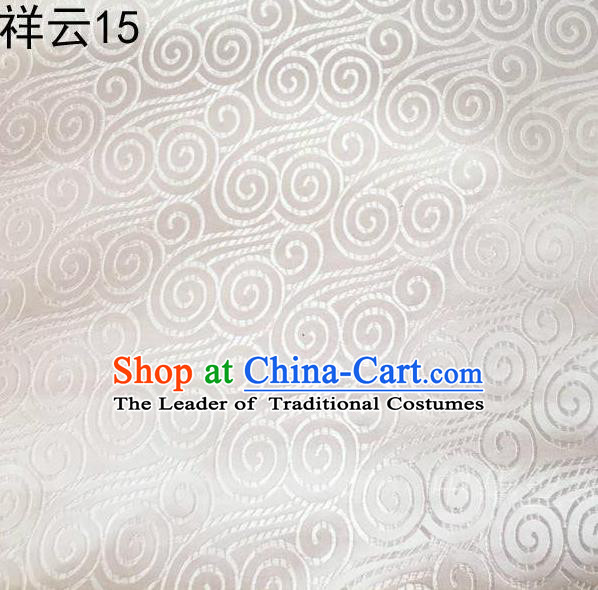 Traditional Asian Chinese Handmade Embroidery Auspicious Clouds Satin White Silk Fabric, Top Grade Nanjing Brocade Tang Suit Hanfu Clothing Fabric Cheongsam Cloth Material