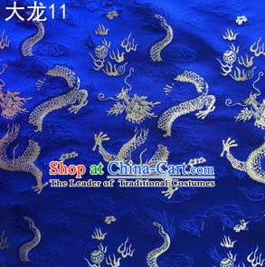Traditional Asian Chinese Handmade Embroidery Dragons Satin Tang Suit Royalblue Silk Fabric, Top Grade Nanjing Brocade Ancient Costume Hanfu Clothing Fabric Cheongsam Cloth Material