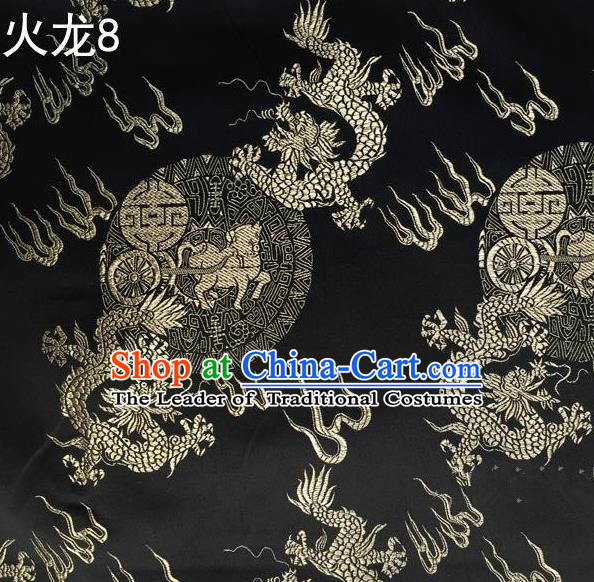 Traditional Asian Chinese Handmade Embroidery Fire Dragons Satin Tang Suit Black Silk Fabric, Top Grade Nanjing Brocade Ancient Costume Hanfu Clothing Fabric Cheongsam Cloth Material