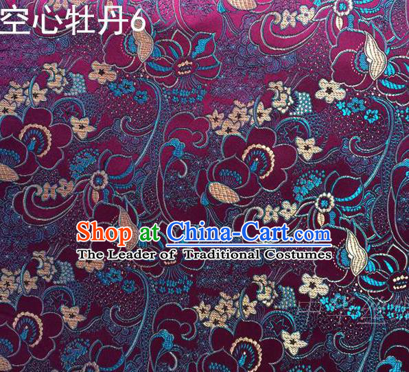 Traditional Asian Chinese Handmade Embroidery Peony Flowers Satin Tang Suit Deep Purple Silk Fabric, Top Grade Nanjing Brocade Ancient Costume Hanfu Clothing Fabric Cheongsam Cloth Material