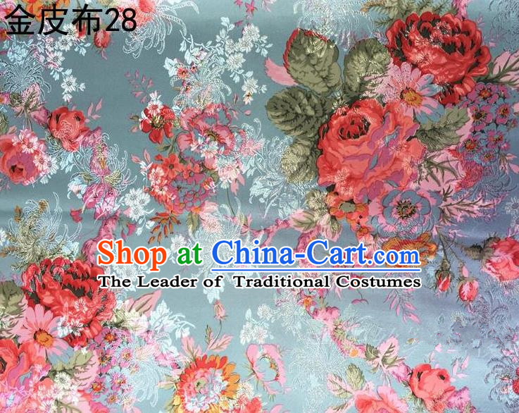 Traditional Asian Chinese Handmade Printing Peony Satin Tang Suit Blue Fabric, Nanjing Brocade Ancient Costume Hanfu Cheongsam Cloth Material