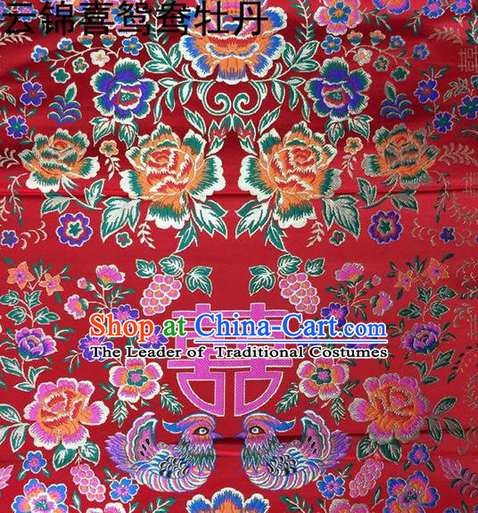 Traditional Asian Chinese Handmade Embroidery Peony Mandarin Duck Satin Tang Suit Red Fabric, Nanjing Brocade Ancient Costume Hanfu Xiuhe Suit Cheongsam Cloth Material