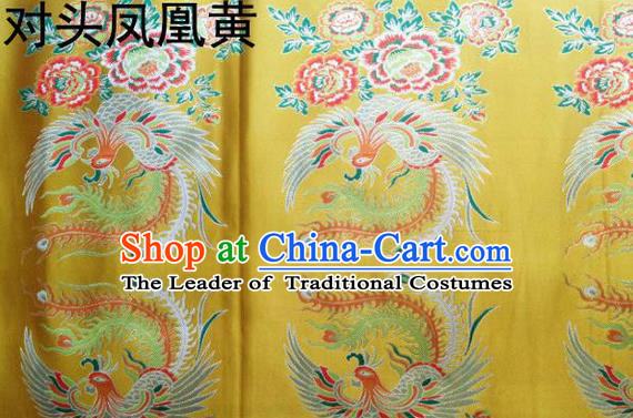 Traditional Asian Chinese Handmade Embroidery Phoenix Satin Tang Suit Yellow Fabric, Nanjing Brocade Ancient Costume Hanfu Xiuhe Suit Cheongsam Cloth Material