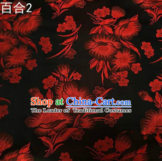 Traditional Asian Chinese Handmade Embroidery Red Greenish Lily Flower Satin Tang Suit Black Fabric, Nanjing Brocade Ancient Costume Hanfu Cheongsam Cloth Material