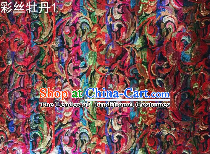 Traditional Asian Chinese Handmade Printing Gold Wire Roses Satin Wedding Tang Suit Silk Fabric, Top Grade Nanjing Brocade Ancient Costume Hanfu Tibetan Clothing Cheongsam Cloth Material