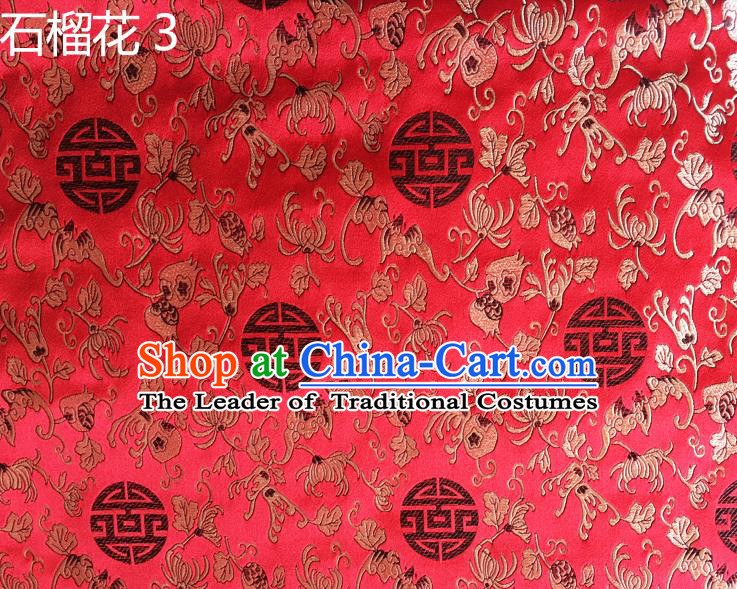 Traditional Asian Chinese Handmade Embroidery Pomegranate Flower Silk Satin Tang Suit Red Fabric, Nanjing Brocade Ancient Costume Hanfu Cheongsam Cloth Material