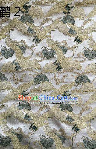 Traditional Asian Chinese Handmade Embroidery Cranes Kimono Silk Satin Tang Suit White Fabric, Nanjing Brocade Ancient Costume Hanfu Cheongsam Cloth Material