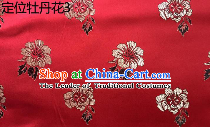 Traditional Asian Chinese Handmade Embroidery Peony Flowers Silk Satin Tang Suit Red Fabric, Nanjing Brocade Ancient Costume Hanfu Cheongsam Cloth Material