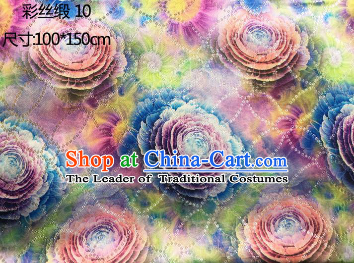 Traditional Asian Chinese Handmade Printing Lotus Color Silk Satin Tang Suit Golden Fabric Drapery, Nanjing Brocade Ancient Costume Hanfu Cheongsam Cloth Material