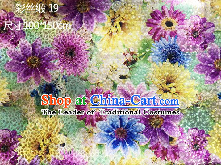 Traditional Asian Chinese Handmade Printing Sunflowers Color Silk Satin Tang Suit Purple Fabric Drapery, Nanjing Brocade Ancient Costume Hanfu Cheongsam Cloth Material