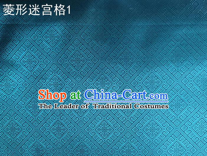 Traditional Asian Chinese Handmade Embroidery Labyrinth Pattern Silk Satin Tang Suit Blue Fabric Drapery, Nanjing Brocade Ancient Costume Hanfu Cheongsam Cloth Material