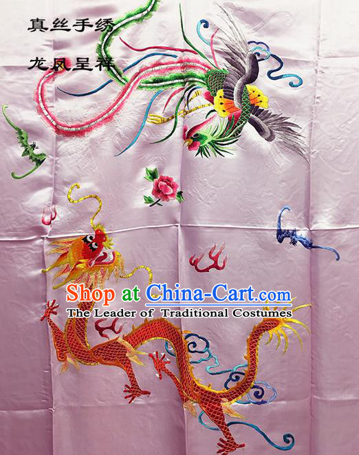 Traditional Asian Chinese Handmade Embroidery Dragon and Phoenix Quilt Cover Silk Tapestry Pink Fabric Drapery, Top Grade Nanjing Brocade Bed Sheet Cloth Material