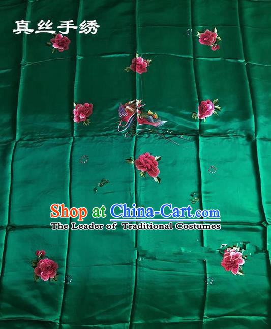 Traditional Asian Chinese Handmade Embroidery Mandarin Ducks Quilt Cover Silk Tapestry Green Fabric Drapery, Top Grade Nanjing Brocade Bed Sheet Cloth Material