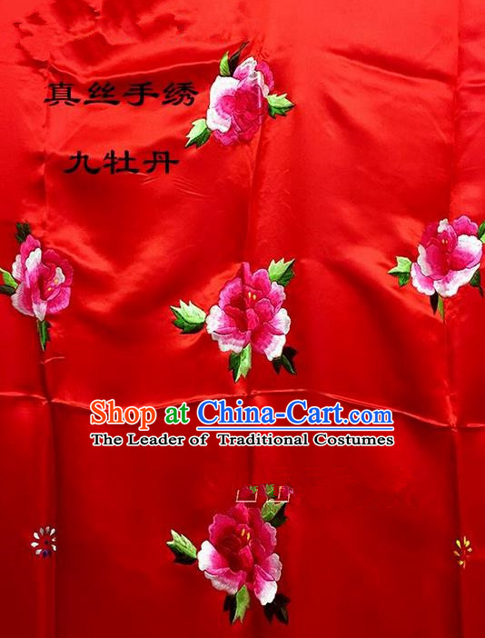 Traditional Asian Chinese Handmade Embroidery Ninth Peony Quilt Cover Silk Tapestry Deep Red Fabric Drapery, Top Grade Nanjing Brocade Bed Sheet Cloth Material