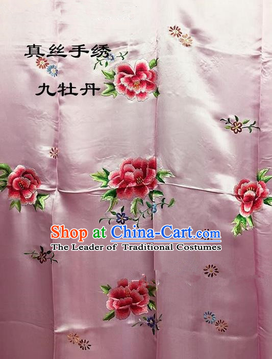 Traditional Asian Chinese Handmade Embroidery Ninth Peony Quilt Cover Silk Tapestry Pink Fabric Drapery, Top Grade Nanjing Brocade Bed Sheet Cloth Material
