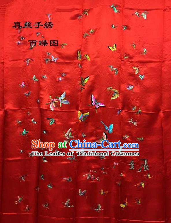 Traditional Asian Chinese Handmade Embroidery Hundred Butterfly Quilt Cover Silk Tapestry Red Fabric Drapery, Top Grade Nanjing Brocade Bed Sheet Cloth Material