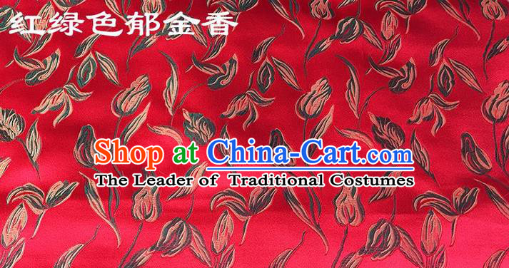 Traditional Asian Chinese Handmade Embroidery Tulip Silk Tapestry Tibetan Clothing Red Fabric Drapery, Top Grade Nanjing Brocade Cheongsam Cloth Material
