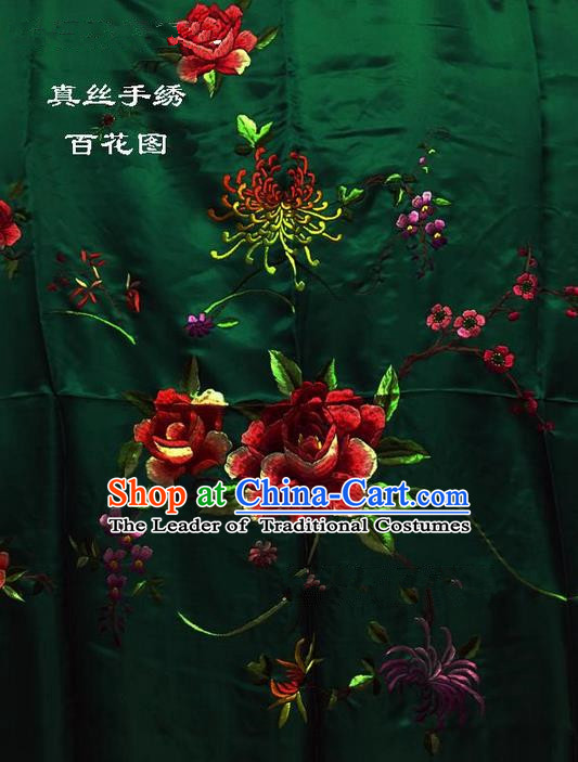 Traditional Asian Chinese Handmade Embroidery Hundred Flowers Quilt Cover Silk Tapestry Deep Green Fabric Drapery, Top Grade Nanjing Brocade Bed Sheet Cloth Material