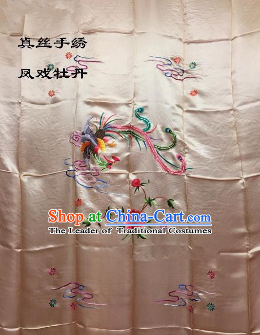 Traditional Asian Chinese Handmade Embroidery Phoenix Peony Quilt Cover Silk Tapestry Light Pink Fabric Drapery, Top Grade Nanjing Brocade Bed Sheet Cloth Material