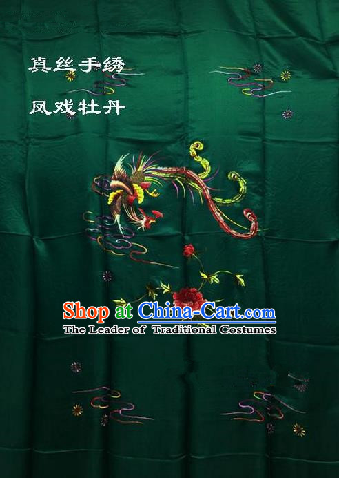 Traditional Asian Chinese Handmade Embroidery Phoenix Peony Quilt Cover Silk Tapestry Deep Green Fabric Drapery, Top Grade Nanjing Brocade Bed Sheet Cloth Material