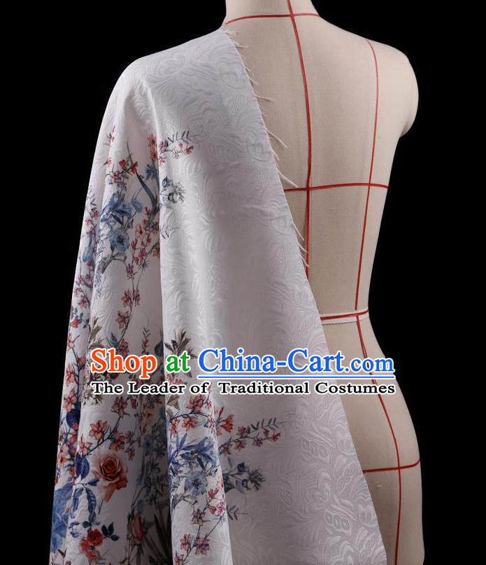 Traditional Asian Chinese Handmade Printing Flower Jacquard Weave Dress White Silk Satin Fabric Drapery, Top Grade Nanjing Brocade Ancient Costume Cheongsam Cloth Material