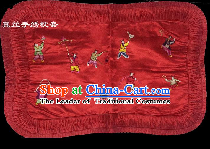 Traditional Asian Chinese Handmade Embroidery Silk Red Pillowslip, Top Grade Nanjing Brocade Pillow Cover