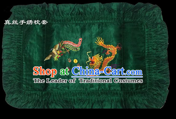 Traditional Asian Chinese Handmade Embroidery Dragon and Phoenix Silk Green Pillowslip, Top Grade Nanjing Brocade Pillow Cover