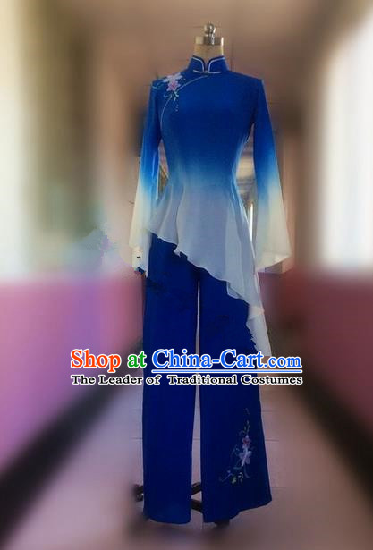 Traditional Ancient Chinese National Embroidering Flower Folk Yanko Dance Costume, Elegant Hanfu China Classical Dance Dress Blue Clothing for Women