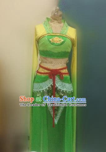 Traditional Ancient Chinese National Folk Yanko Dance Uniform, Elegant Hanfu China Classical Water Sleeve Dance Dress Green Clothing for Women