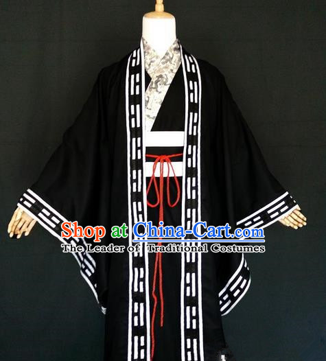 Asian Chinese Traditional Cospaly Zhuge Liang Costume, China Elegant Hanfu Swordsman Black Robe for Men