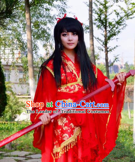 Asian Chinese Traditional Cospaly Swordswoman Wedding Costume, China Elegant Hanfu Bride Red Dress for Women