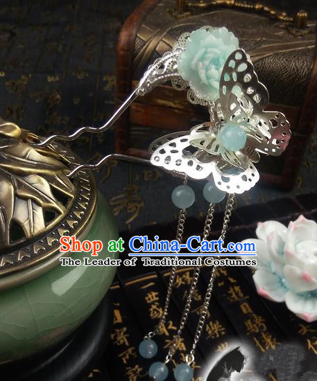 Traditional Handmade Chinese Ancient Classical Hair Accessories, Princess Butterfly Green Flower Step Shake Hair Sticks, Hair Fascinators Hairpins for Women