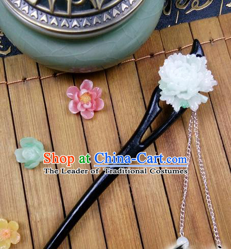 Traditional Handmade Chinese Ancient Classical Hair Accessories Ebony Hairpins, Princess Blue Flower Tassel Step Shake Headpiece for Women
