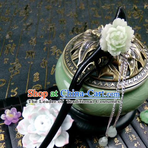 Traditional Handmade Chinese Ancient Classical Hair Accessories Ebony Hairpins, Princess Green Peony Tassel Step Shake Headpiece for Women