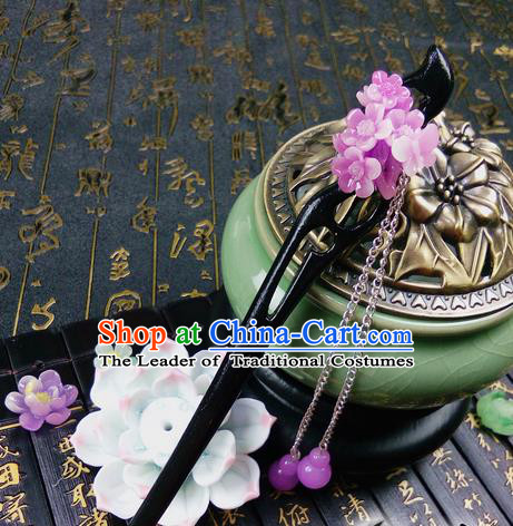 Traditional Handmade Chinese Ancient Classical Hair Accessories Ebony Hairpins, Princess Pink Oriental Cherry Tassel Step Shake Headpiece for Women