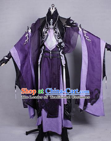 Asian Chinese Traditional Cospaly Costume Customization Zoroastrianism Witch Costume Complete Set, China Elegant Hanfu Swordswoman Purple Dress Clothing for Women