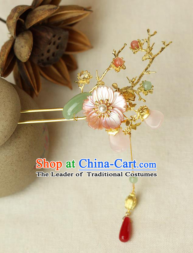 Chinese Ancient Style Hair Jewelry Accessories Wedding Barrettes Tassel Pink Shell Hairpins, Hanfu Xiuhe Suits Step Shake Bride Handmade Hairpins for Women