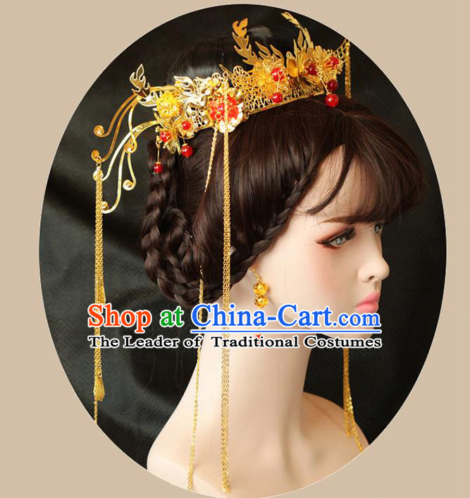 Chinese Ancient Style Hair Jewelry Accessories Wedding Hairpins, Hanfu Xiuhe Suits Bride Imperial Empress Handmade Phoenix Coronet Complete Set for Women