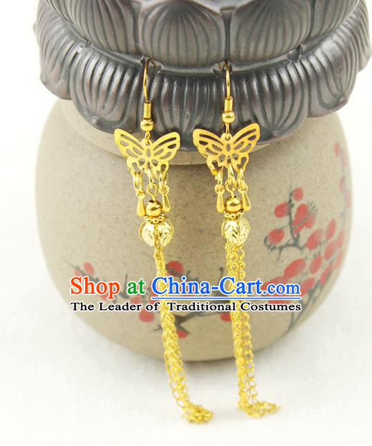 Chinese Ancient Style Hair Jewelry Accessories Wedding Golden Butterfly Earrings, Hanfu Xiuhe Suits Bride Handmade Eardrop for Women